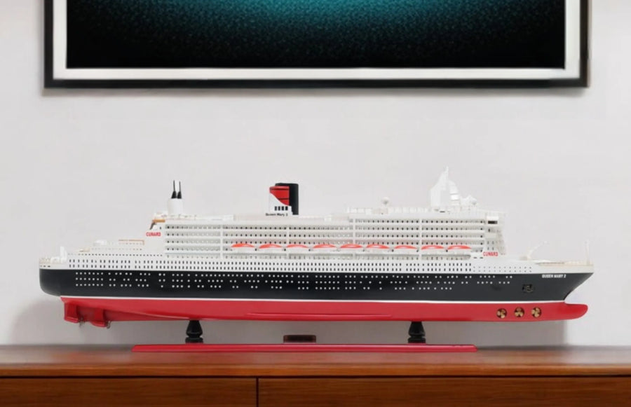 13" Black and Red RMS Queen Mary II Large Boat Hand Painted Decorative Boat - 1