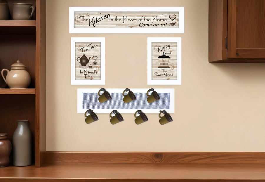 Set of Four Kitchen Collection IV with Seven Peg Mug Rack 4 White Framed Print