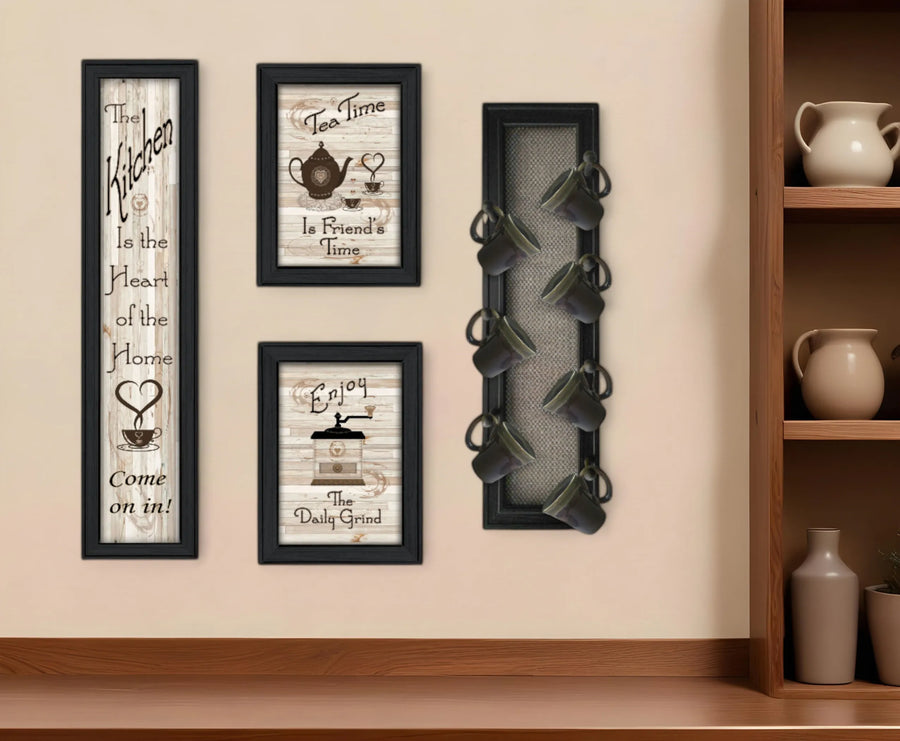Set of Four Kitchen Collection V with Seven Peg Mug Rack 2 Black Framed Print