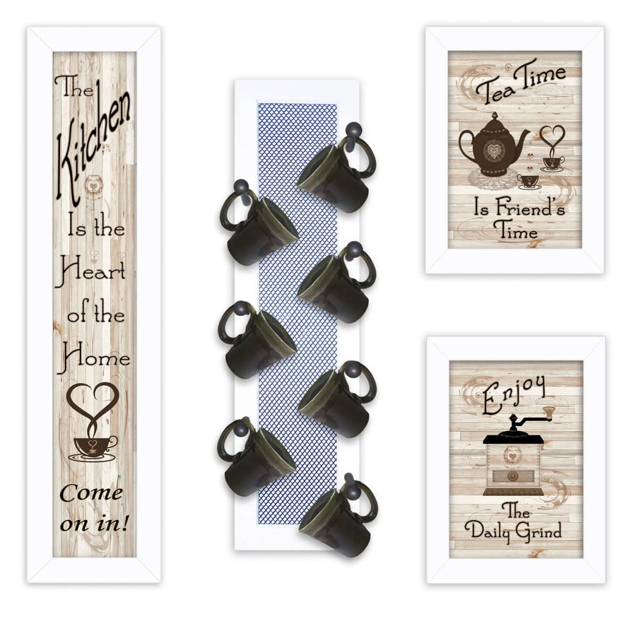 Set of Four Kitchen Collection V with Seven Peg Mug Rack 4 White Framed Print
