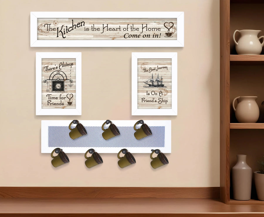 Set of Four Kitchen Collection VI with Seven Peg Mug Rack 4 White Framed Print