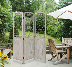 Romantic Whitewashed Scroll Three Panel Room Divider Screen