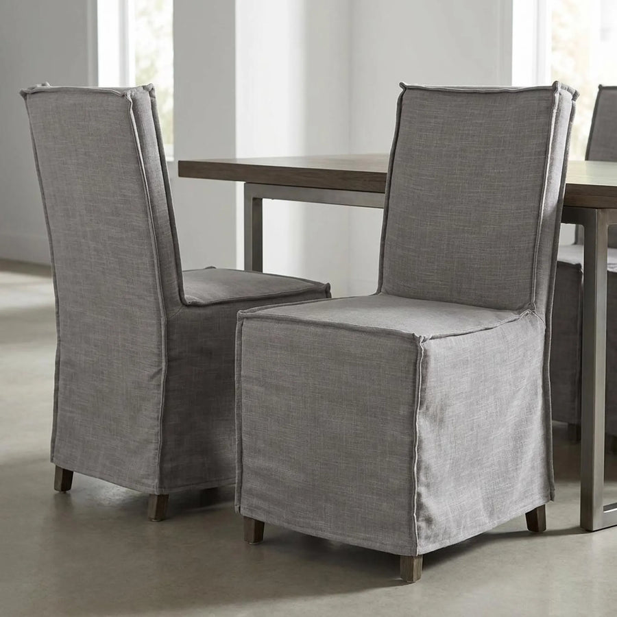 Set of Two Gray And Brown Slipcovered Wood Parsons Chairs