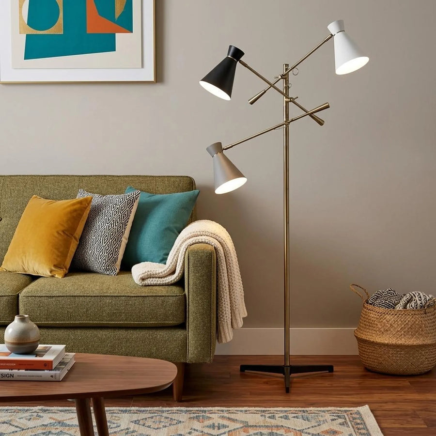 71" Brass Metal Novelty Floor Lamp With Black And White Iron Cone Shade - 1