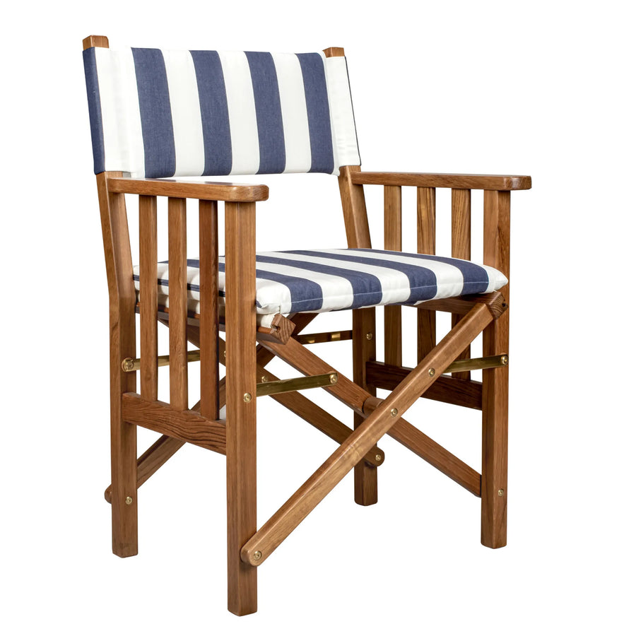 20" Blue and White and Natural Wood Solid Wood Indoor Outdoor Director Chair with Blue and White Cushion - 1