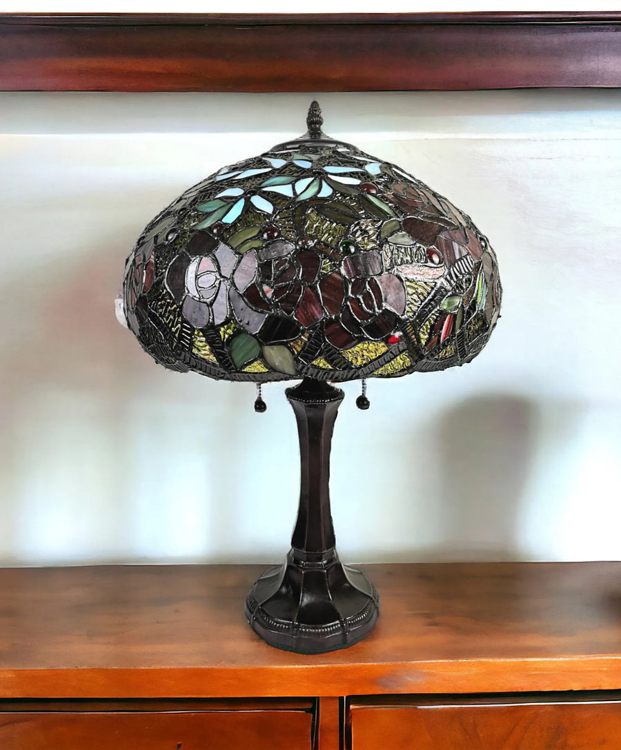 24" Dark Brown Metal Two Light Candlestick Table Lamp With Red Dome Shade - 1