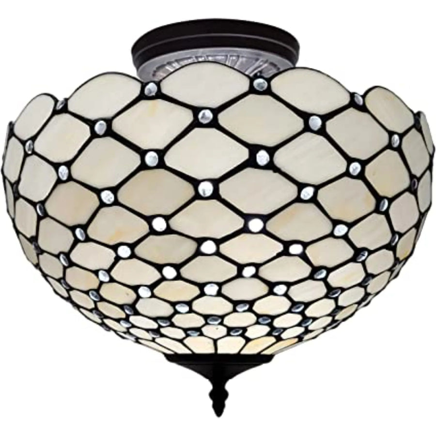 Black and White Tiffany Style Two Light Semi Flush Ceiling Lamp - 1