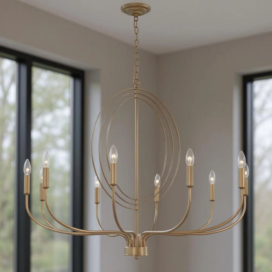 Brass Candle Style Ten Light Metal Dimmable Chandelier