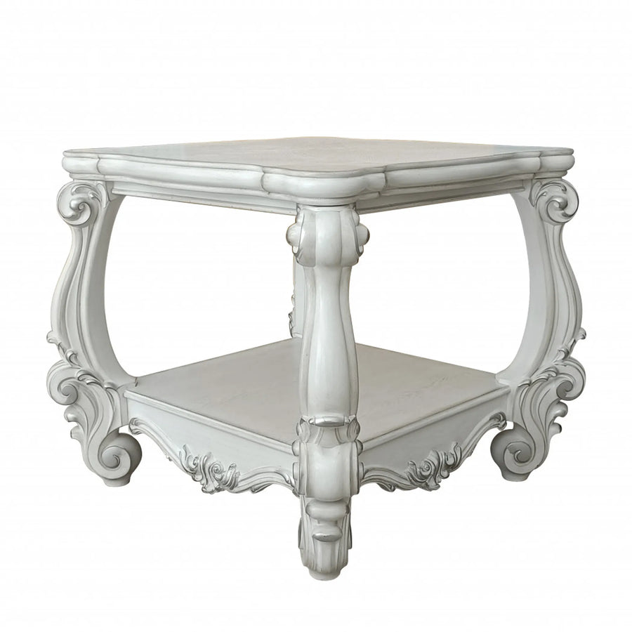 26" Antiqued White Manufactured Wood Square Scroll End Table With Shelf - 1