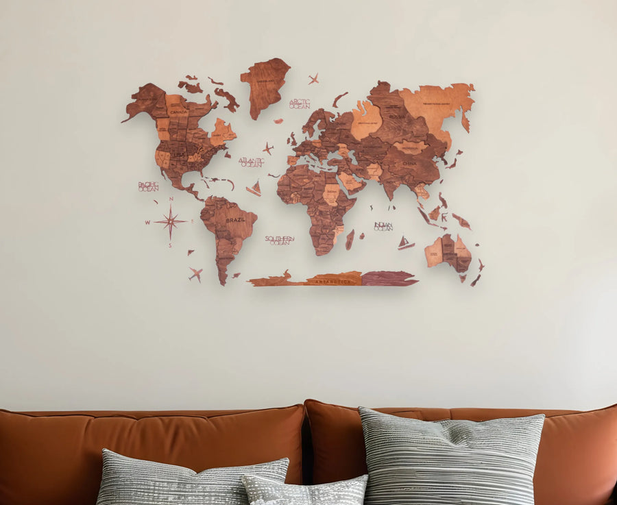 24" X 39" Brown and Tan Wood World Map Hanging Dimensional Sculpture - 1