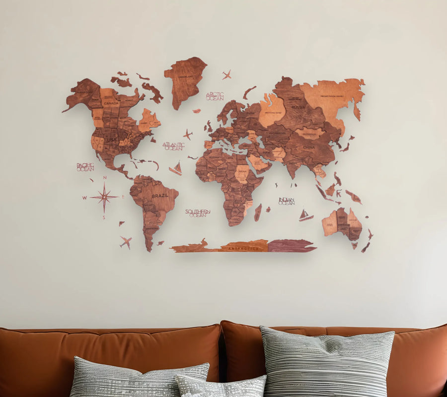 35" X 59" Brown and Tan Wood World Map Hanging Dimensional Sculpture - 1