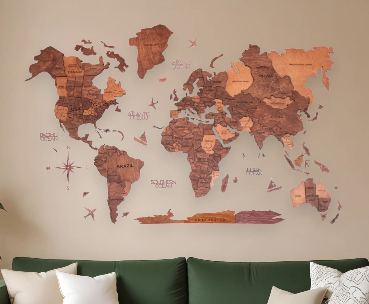 47" X 79" Brown and Tan Wood World Map Hanging Dimensional Sculpture - 1