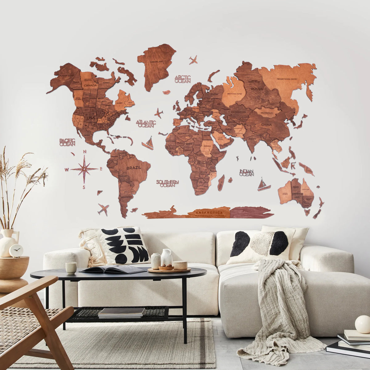 47" X 79" Brown and Tan Wood World Map Hanging Dimensional Sculpture