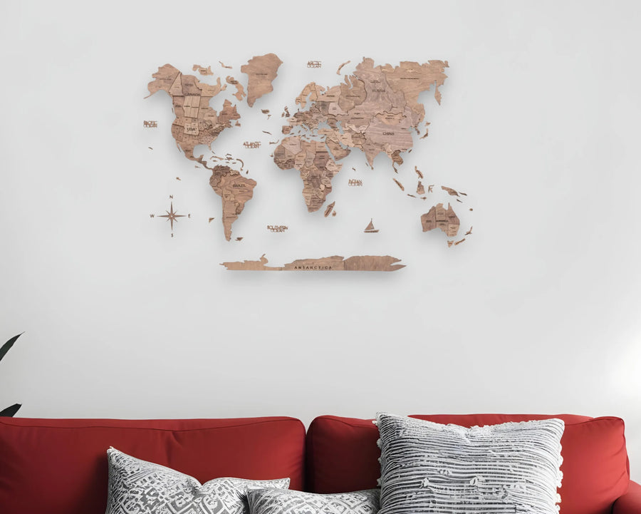 24" X 39" Wood Brown Wood World Map Hanging Dimensional Sculpture - 1