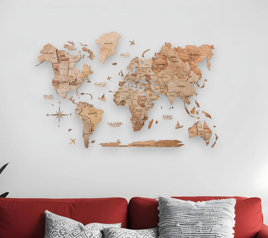 35" X 59" Wood Brown Wood World Map Hanging Dimensional Sculpture - 1