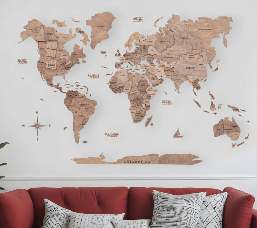47" X 79" Wood Brown Wood World Map Hanging Dimensional Sculpture - 1