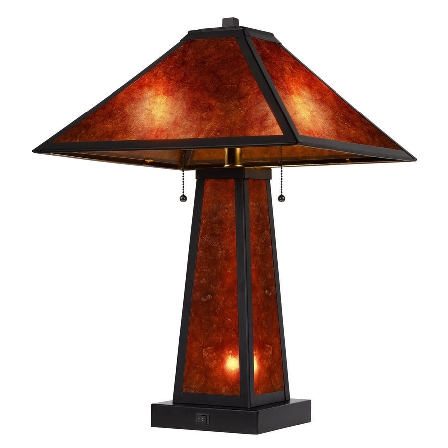 24" Burnt Orange Metal Two Light Table Lamp With Amber Square Shade - 1
