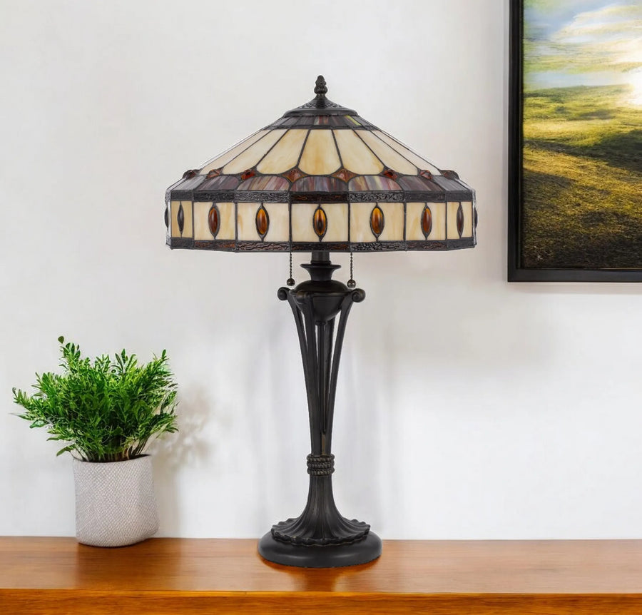 26" Black Metal Two Light Candlestick Table Lamp With Ivory and Red Dome Shade - 1