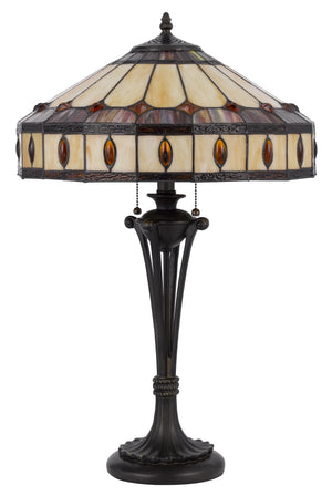 26" Black Metal Two Light Candlestick Table Lamp With Ivory and Red Dome Shade