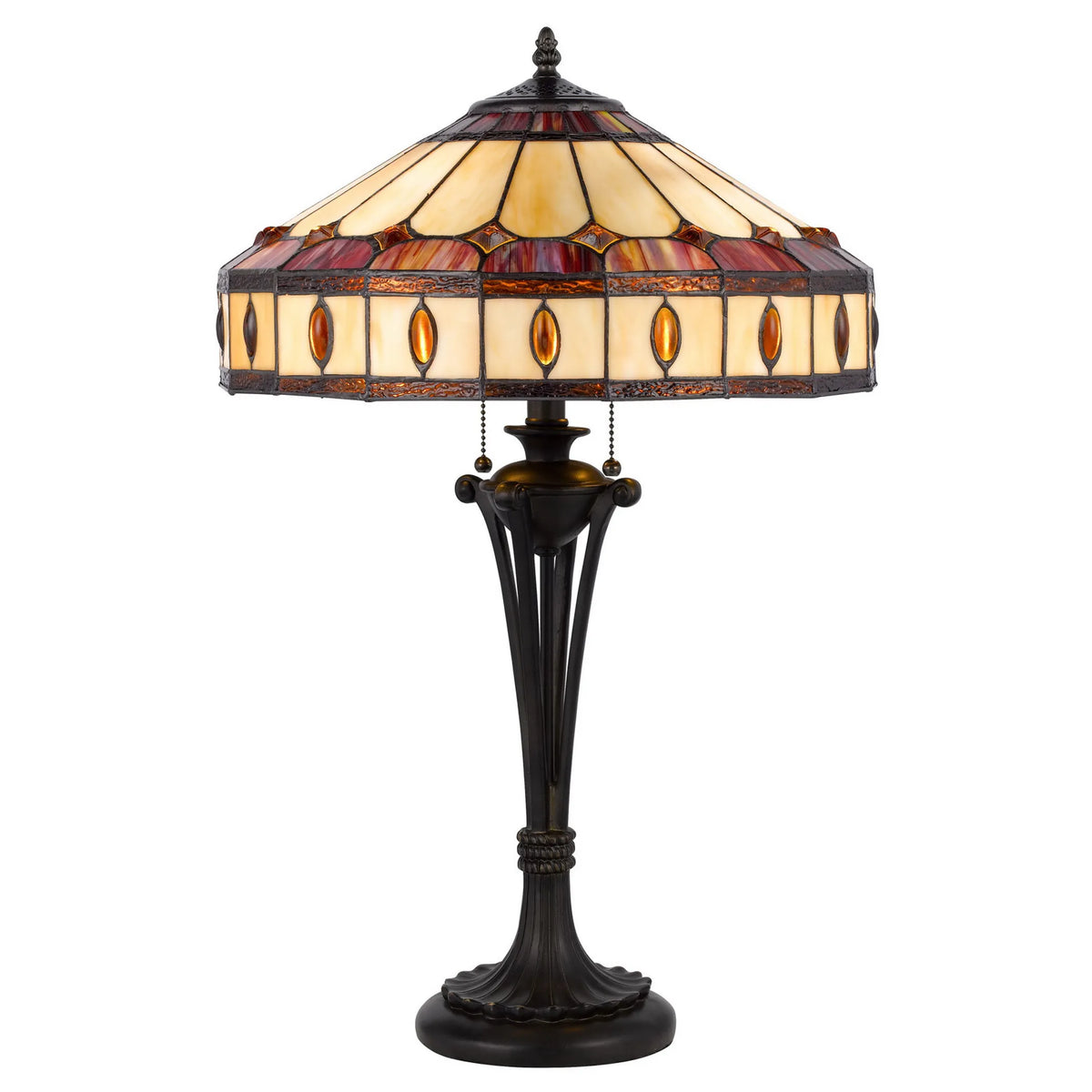 26" Black Metal Two Light Candlestick Table Lamp With Ivory and Red Dome Shade
