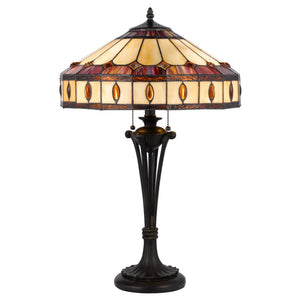 26" Black Metal Two Light Candlestick Table Lamp With Ivory and Red Dome Shade