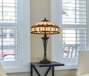 26" Black Metal Two Light Candlestick Table Lamp With Ivory and Red Dome Shade