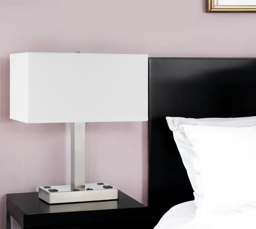 21" Nickel Metal Two Light Desk USB Table Lamp With White Shade - 1
