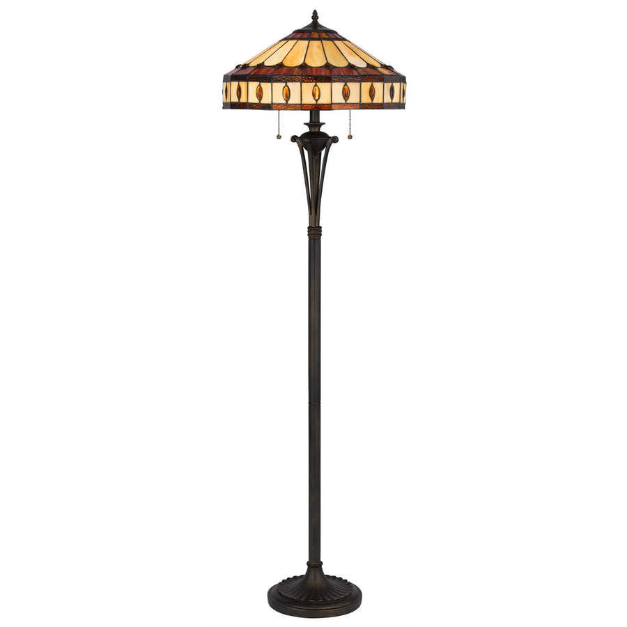 61" Bronze Two Light Traditional Shaped Floor Lamp With Purple and Ivory Abstract Tiffany Glass Empire Shade - 1