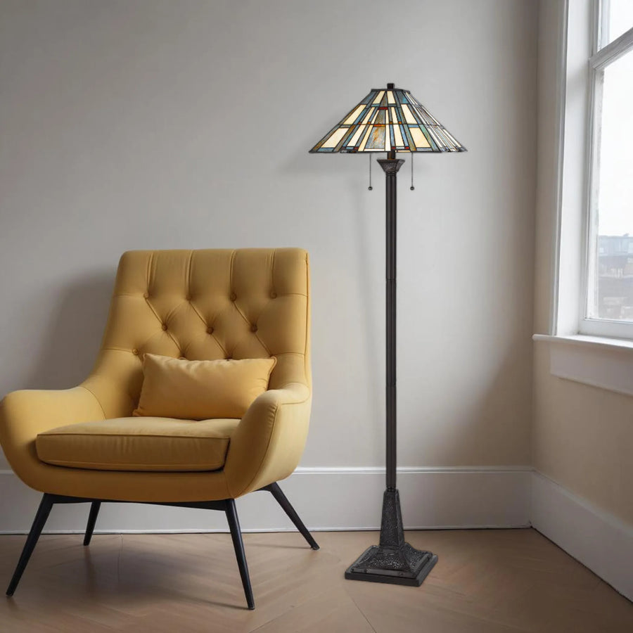 62" Bronze Two Light Traditional Shaped Floor Lamp With Gray and Ivory Abstract Tiffany Glass Empire Shade - 1