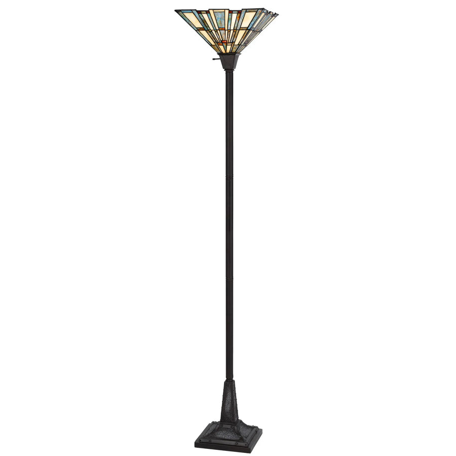 72" Bronze Torchiere Floor Lamp With Gray and Ivory Abstract Tiffany Glass Novelty Shade - 1