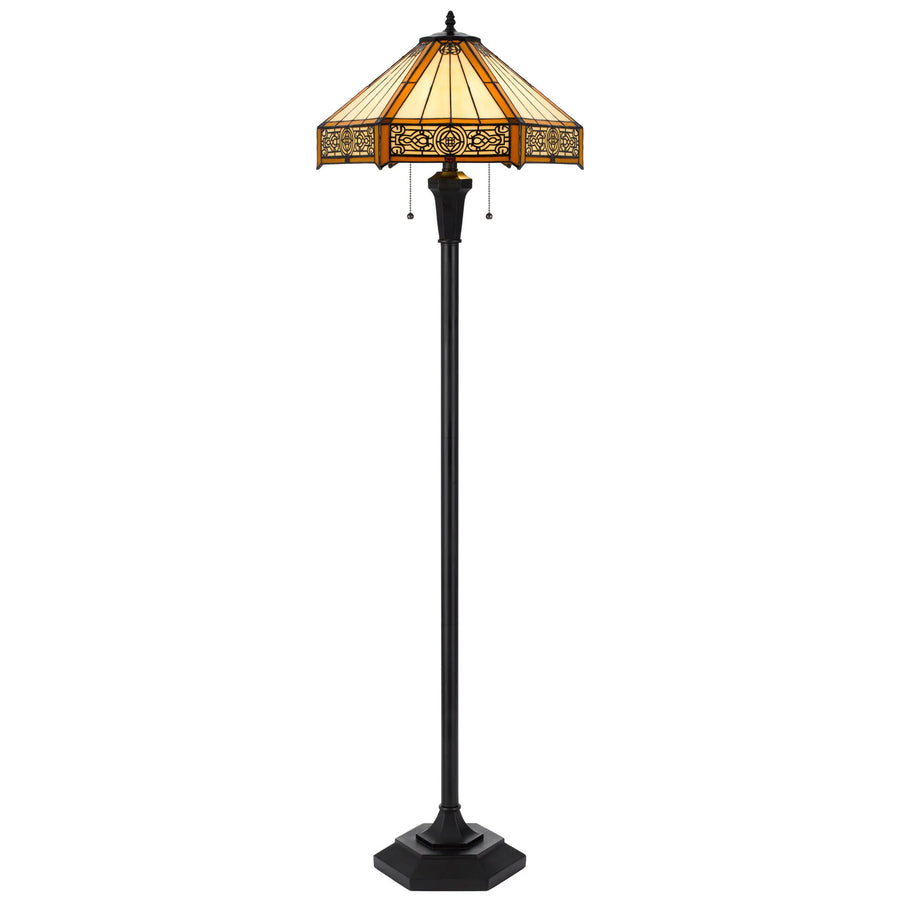 60" Bronze Two Light Traditional Shaped Floor Lamp With Orange and Ivory Abstract Tiffany Glass Empire Shade - 1