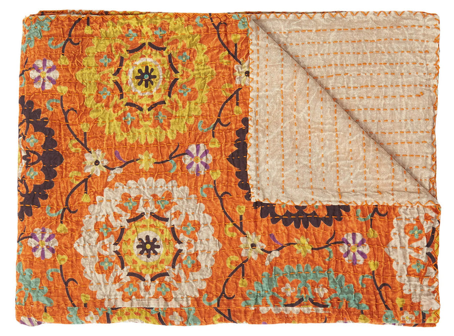 50" X 70" Orange And Yellow Floral Cotton Quilted Kantha Throw Blanket with Embroidery - 1