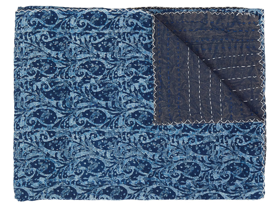 50" X 70" Blue Paisley Cotton Quilted Kantha Throw Blanket with Embroidery - 1