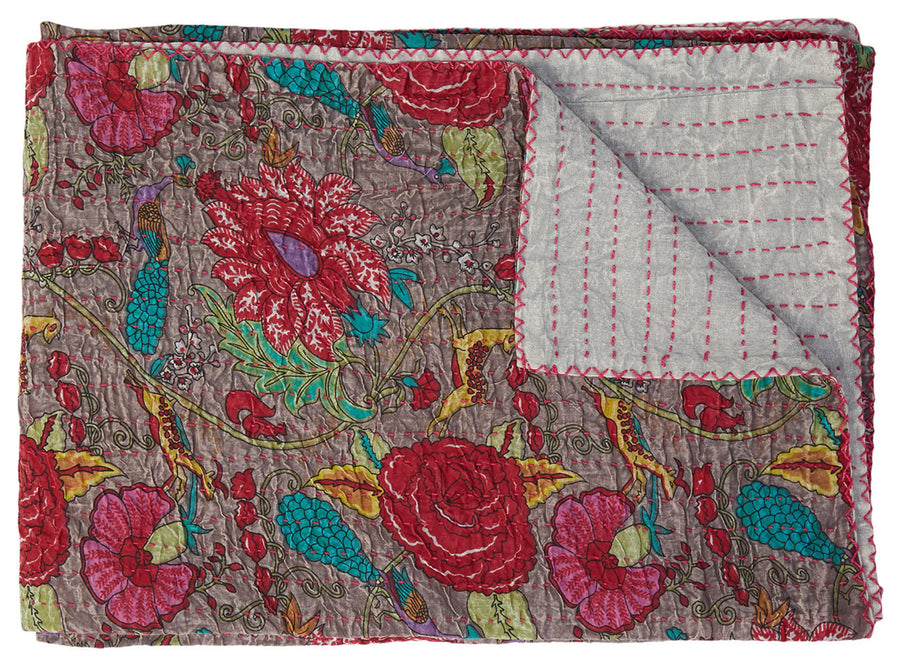 50" X 70" Brown And Red Floral Cotton Quilted Kantha Throw Blanket with Embroidery - 1