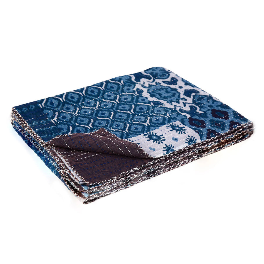50" X 70" Black And Blue Ikat Cotton Quilted Kantha Throw Blanket with Embroidery - 1