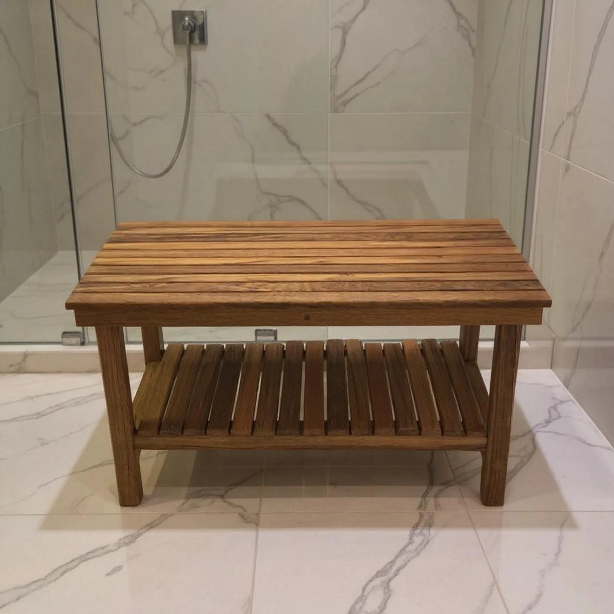 Teak Rectangular Shower Bench With Shelf