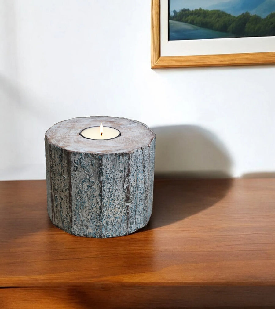 5" Brown And White Solid Wood Tabletop Tealight Candle Holder - 1
