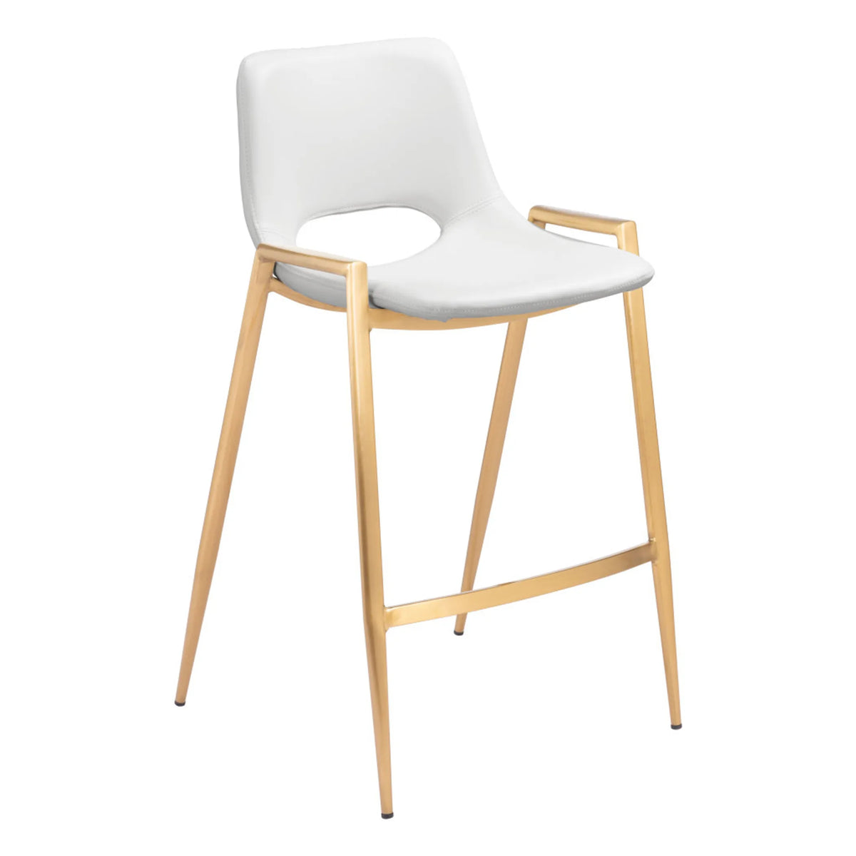 Set of Two 26" White And Gold Faux Leather And Steel Low Back Counter Height Bar Chairs