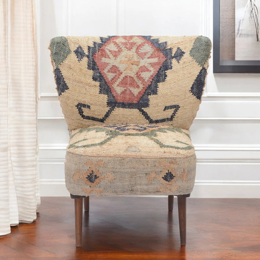 26" Beige Blue and Red Jute Southwestern Wingback Chair - 1