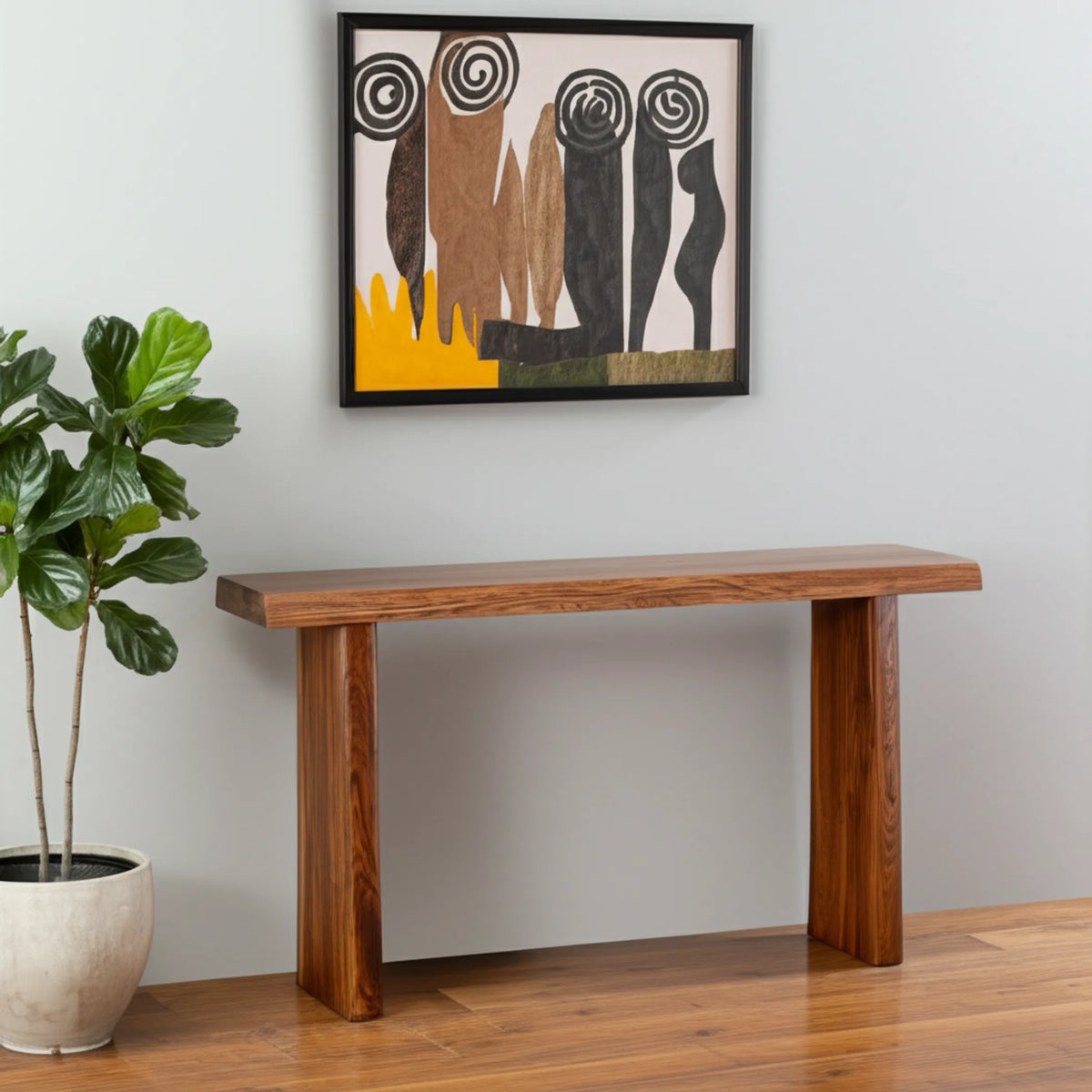 60" Brown Solid Wood Double Pedestal Live Edge Console Table - 1