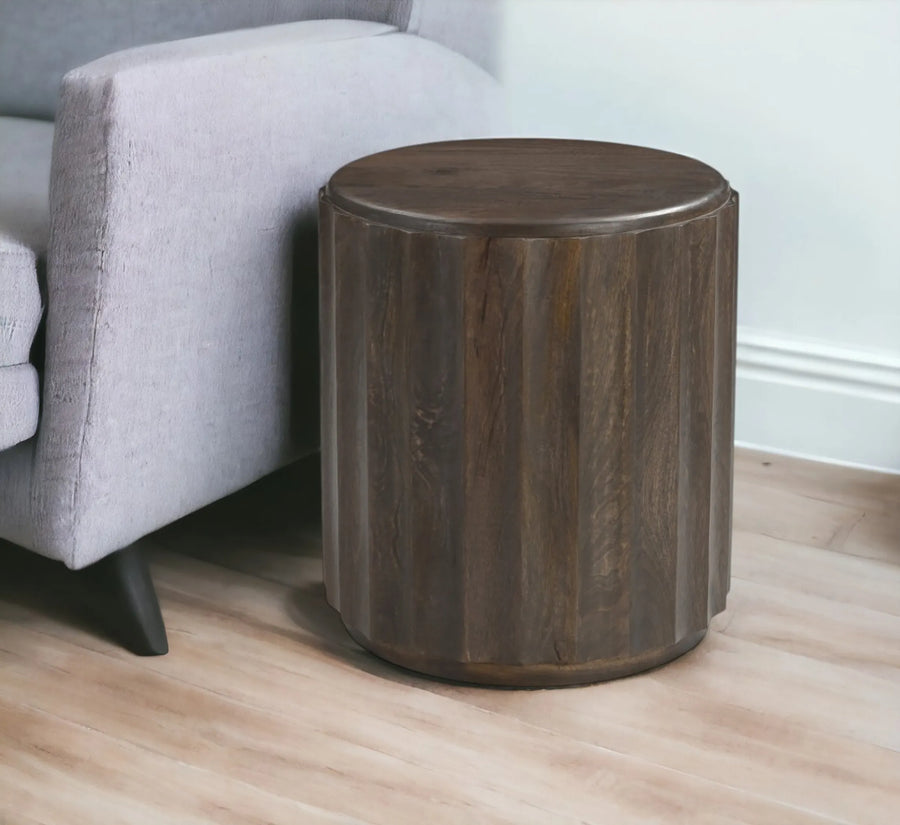 23" Brown Distressed Solid Wood Round Scalloped Drum End Table - 1