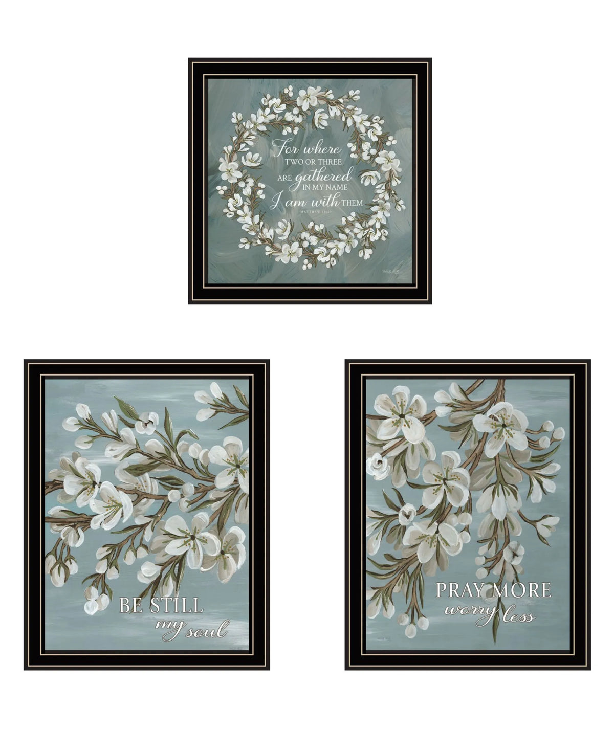 Set Of Three "Pray More And Worry Less" Black Framed Wall Art
