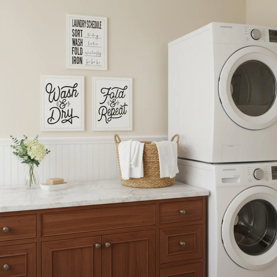 Set of Three Laundry Schedule For All White Framed Laundry Wall Art