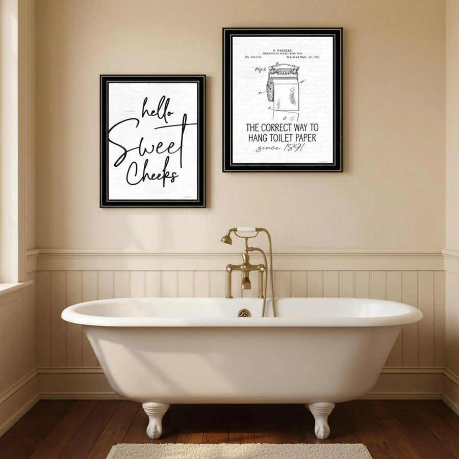 Set of Two The Correct Way to Hang Toilet Paper ! Black Framed Bathroom Wall Art