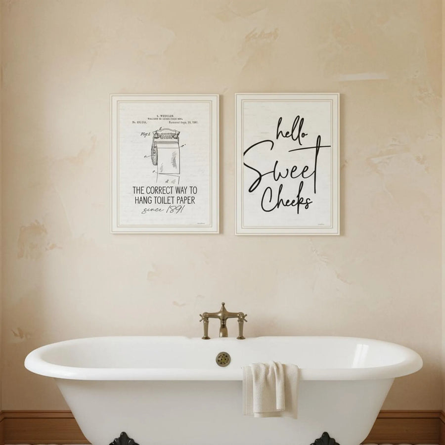 Set of Two The Correct Way to Hang Toilet Paper ! White Framed Bathroom Wall Art