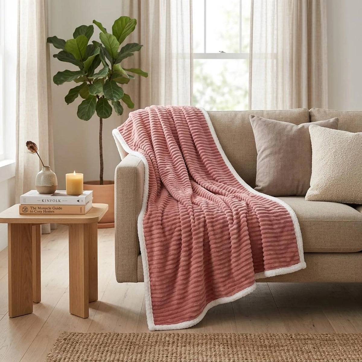 79" X 87" Pink Flannel Knitted Throw Blanket - 1