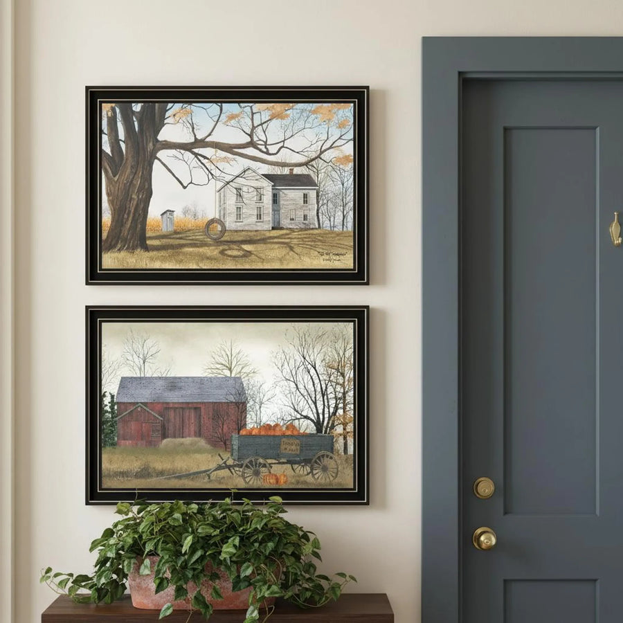 Set of Two Farmhouse Barn And Pumpkin Wagon Black Framed Wall Art