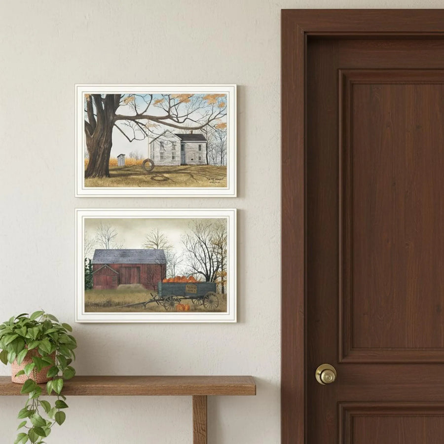Set of Two Farmhouse Barn And Pumpkin Wagon White Framed Wall Art