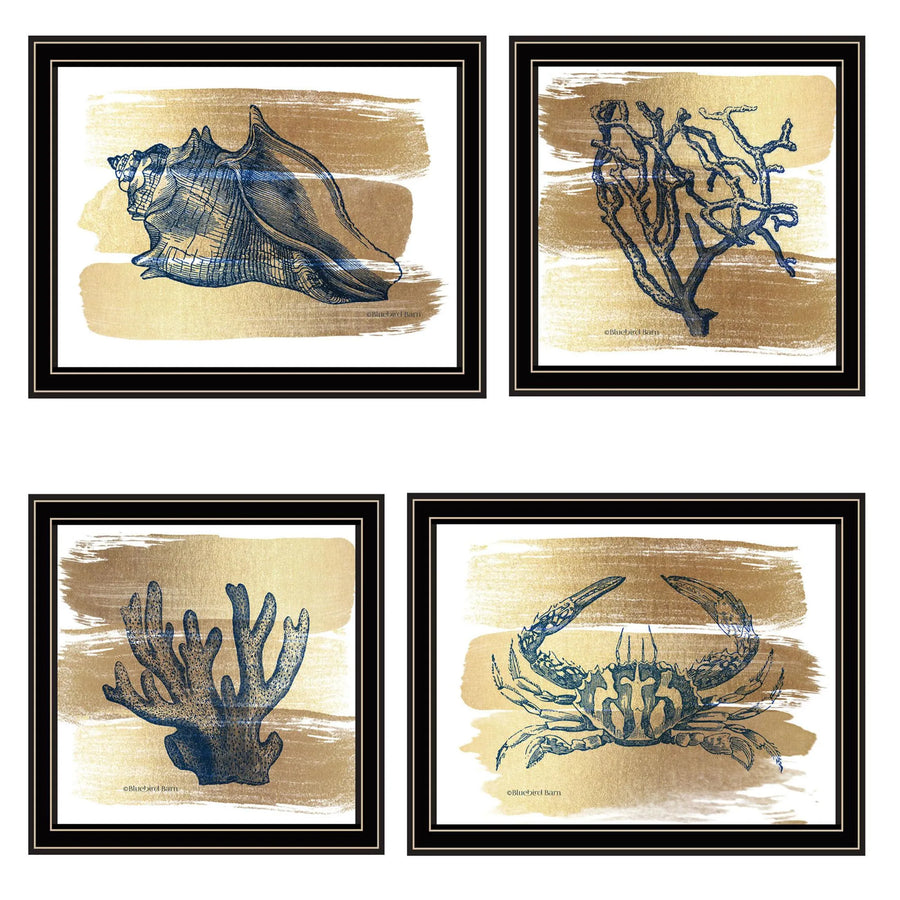 Set of Four Gold Sea Collection Black Framed Wall Art