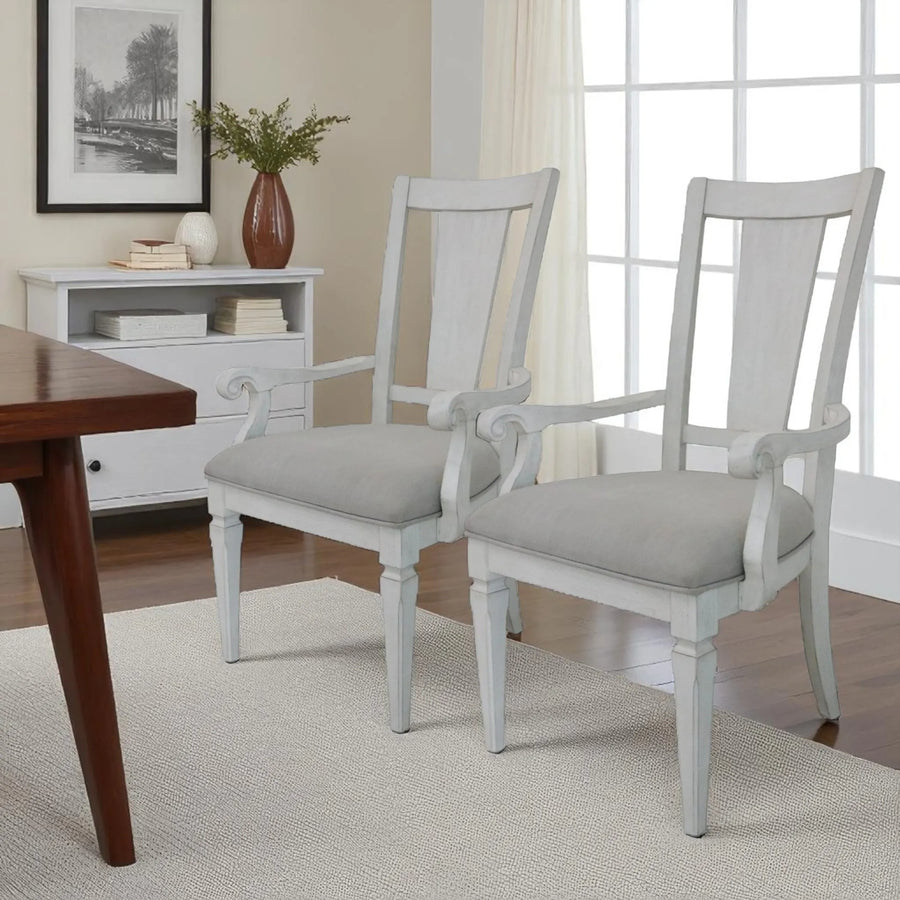 Set of Two Upholstered Linen And Solid Wood Open Back Dining Arm Chairs